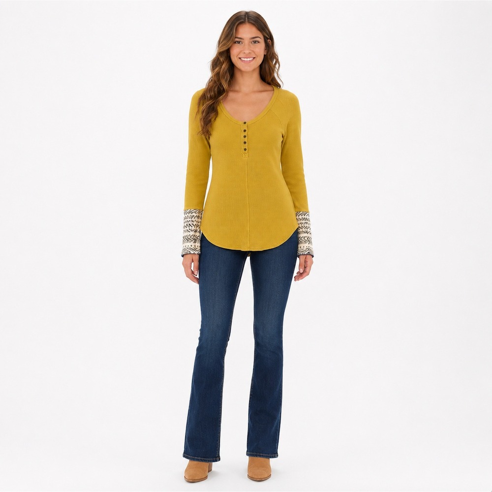 Free People Mustard Yellow Waffle Knit Henley Thermal Top LARGE